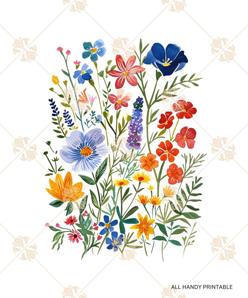 May include: A watercolor painting of a bouquet of colorful wildflowers. The flowers are in shades of blue, red, orange, and yellow. The flowers are arranged in a loose, natural style.