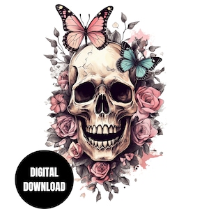 Rosa Schädel Schmetterling PNG, Floraler botanischer Schädel, Blumen, Sublimation, Sofortiger Download, digitaler Download, Shirt-Design, Grafik Art