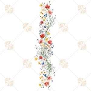 Op de afbeelding: Een verticale opstelling van aquarel wilde bloemen in tinten rood, geel, blauw en wit. De bloemen zijn in een losse, vloeiende stijl gerangschikt, met stengels en bladeren die zich uitstrekken vanaf het midden van de opstelling.