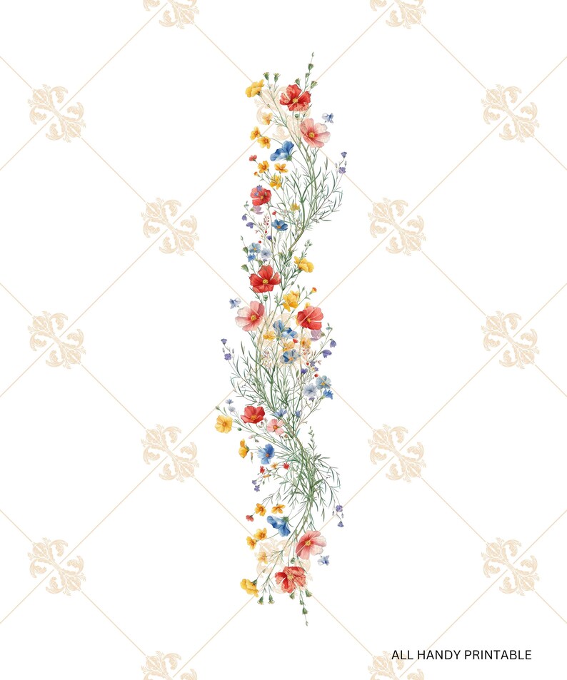 Op de afbeelding: Een verticale opstelling van aquarel wilde bloemen in tinten rood, geel, blauw en wit. De bloemen zijn in een losse, vloeiende stijl gerangschikt, met stengels en bladeren die zich uitstrekken vanaf het midden van de opstelling.