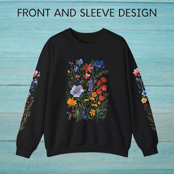 Front And Sleeve Vibrant Wildflower PNG, Cute Wild Floral, Botanical Nature, Sleeve Print Digital Download Shirt Design Graphic Art