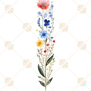 May include: A watercolor painting of a bouquet of wildflowers. The bouquet includes pink, blue, yellow, and red flowers. The flowers are arranged in a vertical line and are surrounded by green leaves.