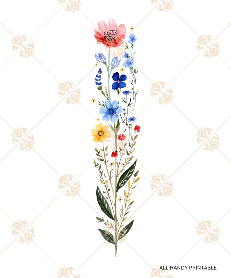 May include: A watercolor painting of a bouquet of wildflowers. The bouquet includes pink, blue, yellow, and red flowers. The flowers are arranged in a vertical line and are surrounded by green leaves.