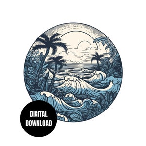 Ocean Waves Palm Trees PNG, Japanese Style Illustration, Summer Shirt Design, Sublimation Instant Download, Digital Download, Graphic Art
