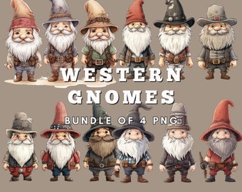 Lot de 4 gnomes de l'Ouest PNG, Cowboy Gnome, Southwestern, Clipart Bundle, sublimation, téléchargement immédiat, art graphique de carte de conception de chemise