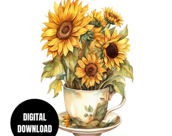 A Cup of Sunflowers PNG, Yellow Flower, Boho Summer Retro Floral, Sublimation, Instant Download, Digital Download, Shirt Design, Graphic Art