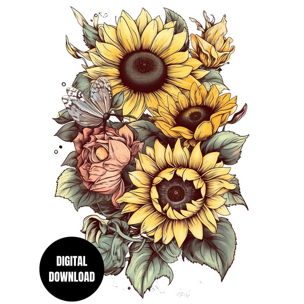 Retro Sunflowers PNG, Yellow Flowers, Summer Garden Floral, Sublimation, Instant Download, Digital Download, Shirt Design, Graphic Art