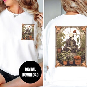 Carta del tarot del jardinero esqueleto PNG, sublimación de imágenes prediseñadas de amantes de las plantas de calavera retro Descarga instantánea Descarga digital Diseño de camiseta Arte gráfico
