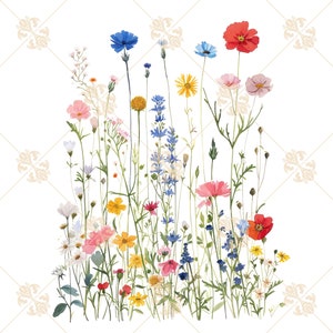 Puede incluir: Una pintura de acuarela de un ramo de flores silvestres en tonos de rosa, rojo, amarillo, azul y blanco. Las flores est&aacute;n dispuestas en un estilo suelto y natural, con algunos tallos que se extienden m&aacute;s all&aacute; del borde del ramo.