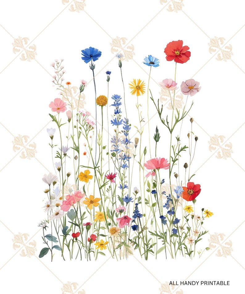 Puede incluir: Una pintura de acuarela de un ramo de flores silvestres en tonos de rosa, rojo, amarillo, azul y blanco. Las flores est&aacute;n dispuestas en un estilo suelto y natural, con algunos tallos que se extienden m&aacute;s all&aacute; del borde del ramo.