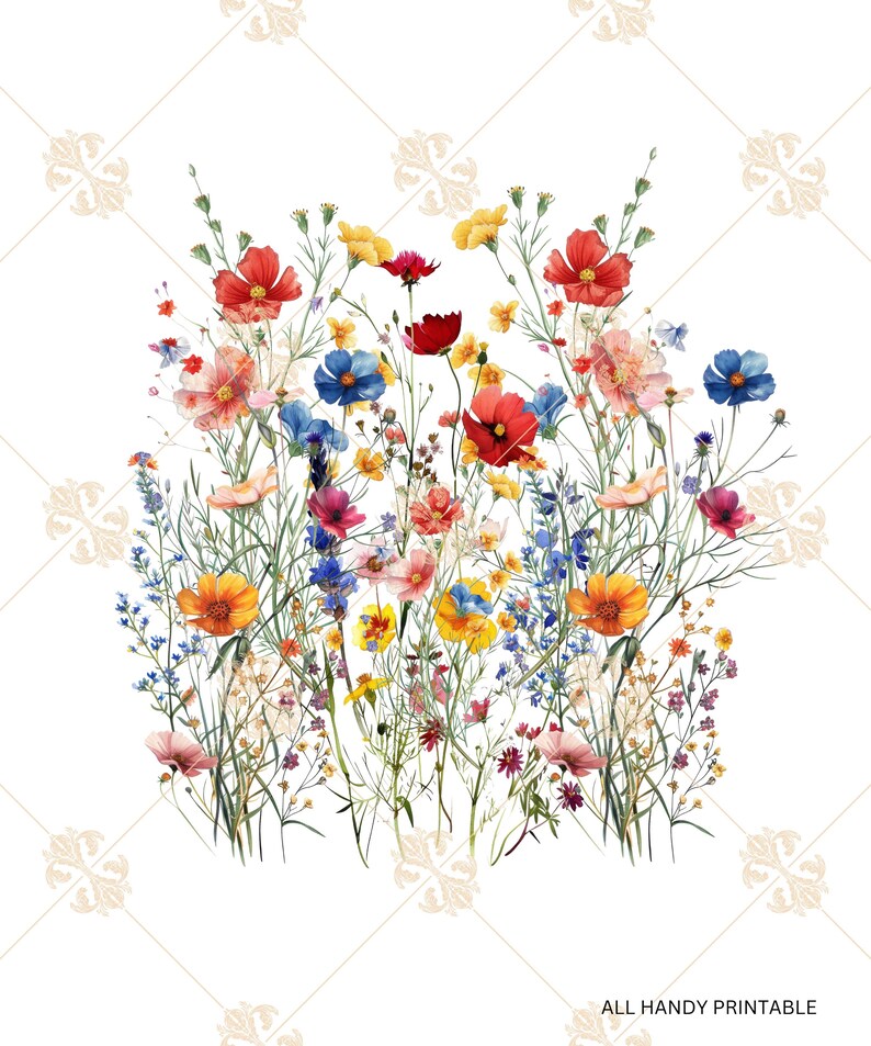 Op de afbeelding: Een aquarel van een boeket wilde bloemen in tinten rood, oranje, geel, blauw en roze. De bloemen zijn in een losse, natuurlijke stijl gerangschikt en de achtergrond is wit.