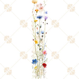 Puede incluir: Una pintura de acuarela de un ramo de flores silvestres en tonos de azul, amarillo, rosa, rojo y blanco. Las flores est&aacute;n dispuestas en una l&iacute;nea vertical y se colocan sobre un fondo blanco.