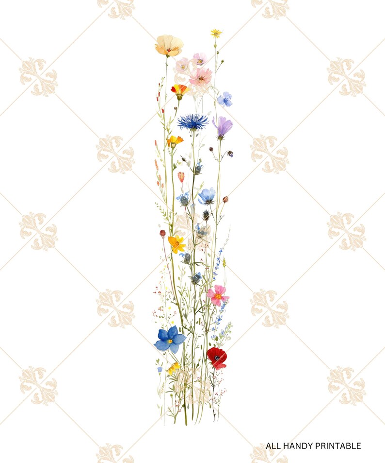 Puede incluir: Una pintura de acuarela de un ramo de flores silvestres en tonos de azul, amarillo, rosa, rojo y blanco. Las flores est&aacute;n dispuestas en una l&iacute;nea vertical y se colocan sobre un fondo blanco.