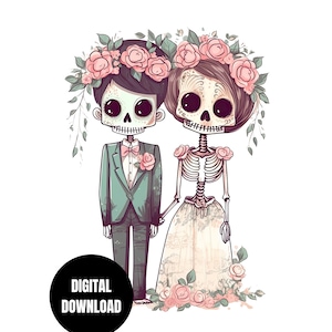 Bride And Groom Skeleton Doll PNG, Cute Wedding Couple Skull Floral Sublimation Clipart Instant Download, Digital Download, Graphic Art