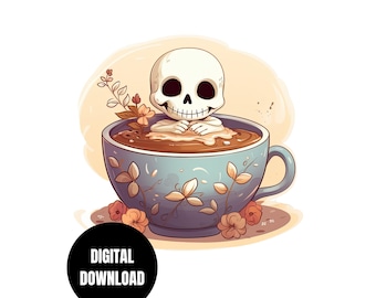 Skeleton in Coffee Cup PNG, Cute Gothic Skull, Coffee Lover Sublimation Clipart Instant Download, Digital Download, Shirt Design Graphic Art