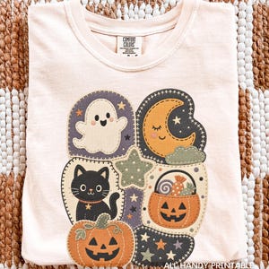 Halloween Finto Patchwork PNG, Stagione Spettrale Carina, Autunno Ottobre Zucca Gatto Nero Fantasma Download Digitale Maglietta Design
