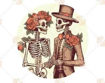 May include: A pair of skeletons dressed in wedding attire, the bride wearing a floral crown and the groom wearing a top hat. They are holding hands and looking at each other with a romantic expression. The background is a light yellow circle with a white background.