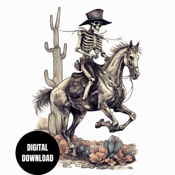 Cowboy Skeleton PNG, Retro Western Desert Wild West Sublimation, Clipart, Instant Download, Digital Download, Shirt Design Graphic Art