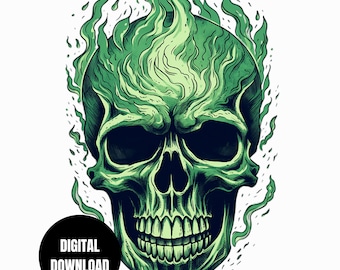 Green Skull With Flames PNG, Spooky Creature, Halloween, Sublimation, Instant Download, Digital Download, Shirt Design, Wall Graphic Art