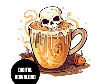 Pumpkin Spice Skull PNG, Funny Halloween Skeleton, Fall Drink Sublimation, Instant Download, Digital Download, Shirt Design Graphic Art