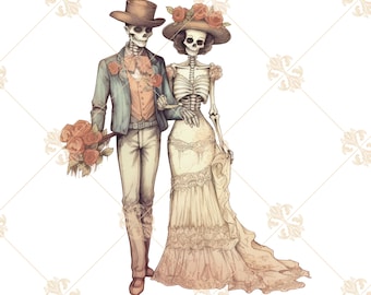May include: Illustration of a skeleton couple in wedding attire. The male skeleton wears a hat, suit, and holds a bouquet of roses. The female skeleton wears a dress and hat adorned with roses. The image has a vintage style.