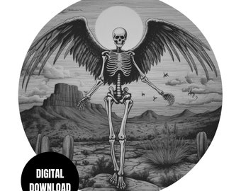 Engel skelet donkere PNG, zwart-witte schedel engelenvleugels sublimatie clipart instant download, digitale download shirt design grafische kunst
