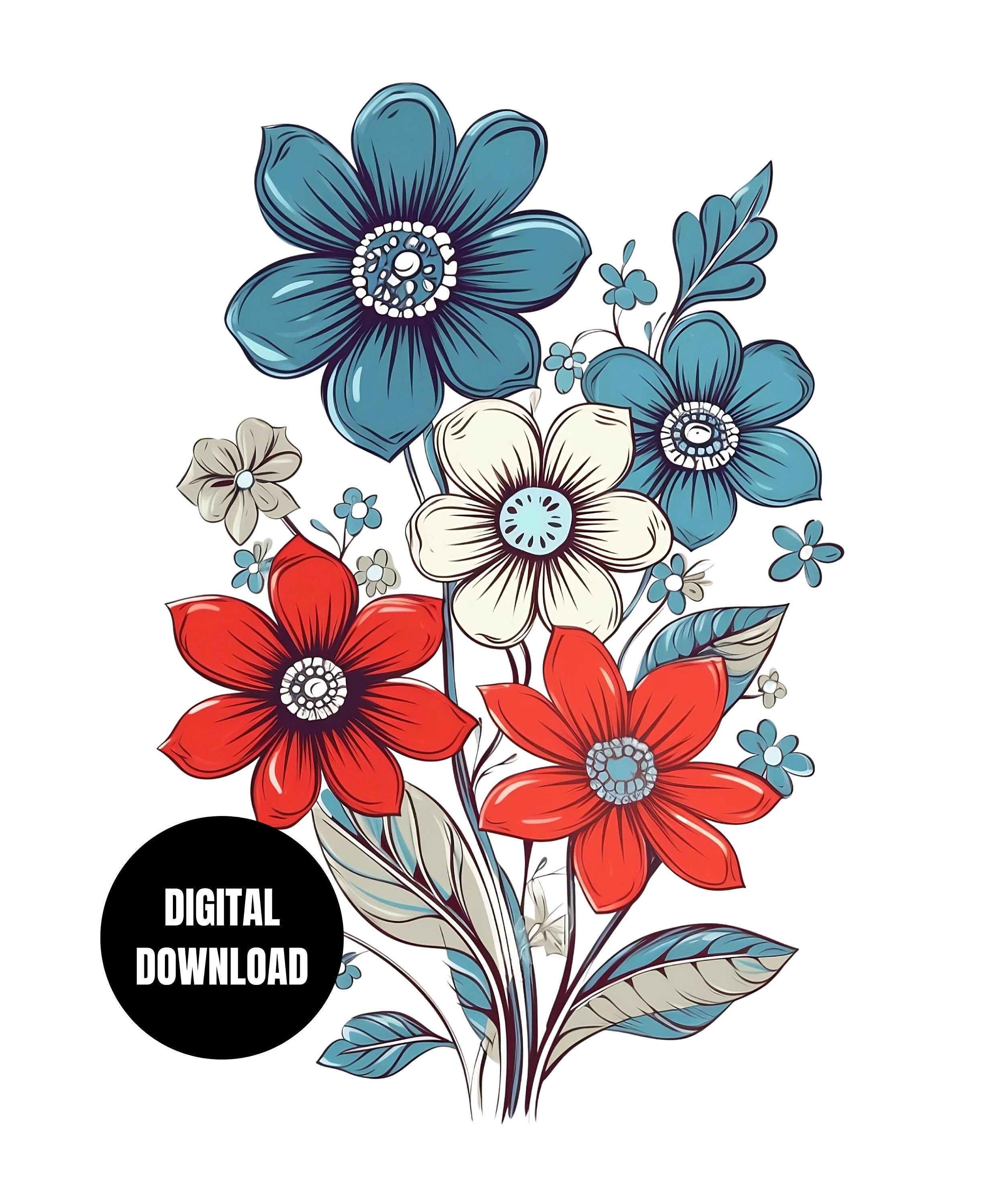4th of July Flowers PNG, Red White Blue Floral, Sublimation ...