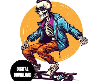 Retro Skateboard Skelett PNG, Skateboard Punk Skelett Sublimation Clipart Sofortiger Download, digitaler Download Shirt Design Grafik Kunst