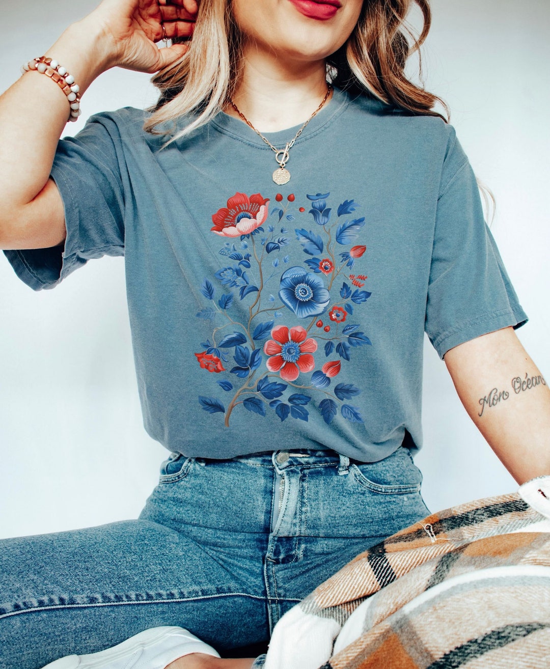 Retro Wildflowers PNG, Red White Blue Boho Floral, USA Patriotic ...