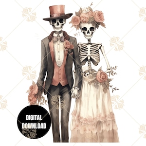 Bride And Groom Skeleton Watercolor PNG, Cute Wedding Couple Sublimation Clipart Instant Download Digital Download Shirt Design Graphic Art
