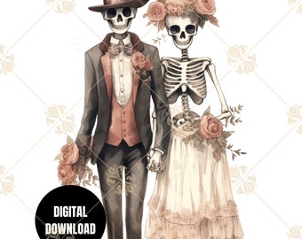 May include: Watercolor illustration of a skeleton couple in wedding attire. The groom wears a black suit with a red vest and top hat, holding a bouquet. The bride wears a floral crown and a flowing dress, also holding flowers. The image includes the text "DIGITAL DOWNLOAD".