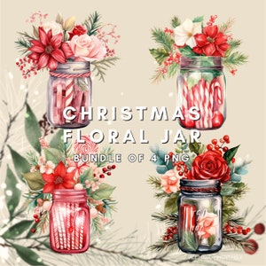 Pacchetto di 4 PNG di vasi floreali natalizi, pacchetto di clipart di fiori di Natale estetici, sublimazione, download immediato, grafica per biglietti di auguri con design per magliette