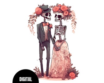 May include: A digital illustration of a skeleton couple dressed in wedding attire. The groom is wearing a black suit with a bow tie and a top hat. The bride is wearing a white dress with a floral crown and a veil. The couple is surrounded by flowers.