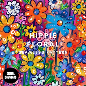 Motivo floreale hippie senza soluzione di continuità JPG, motivo floreale ripetuto Groovy Aesthetic Garden, motivo di superficie, motivi per tessuti, stampe digitali