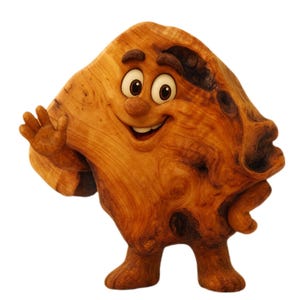Puede incluir: Una escultura de madera caprichosa de un personaje sonriente con un saludo amistoso. La figura est&aacute; hecha de madera natural, mostrando la veta y los nudos, con ojos de dibujos animados y una expresi&oacute;n alegre. La escultura se apoya en dos peque&ntilde;os pies.