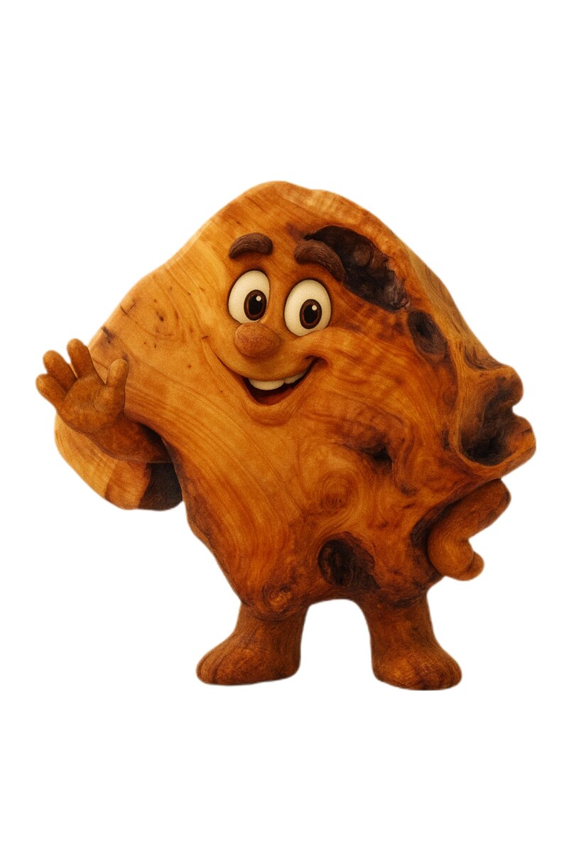 Puede incluir: Una escultura de madera caprichosa de un personaje sonriente con un saludo amistoso. La figura est&aacute; hecha de madera natural, mostrando la veta y los nudos, con ojos de dibujos animados y una expresi&oacute;n alegre. La escultura se apoya en dos peque&ntilde;os pies.