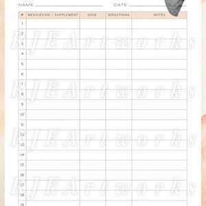May include: A medication log with a beige and white color scheme. The top of the page has the words "MEDICATION LOG" and fields for name and date. The main body has a table with columns for medication, dose, directions, and notes.