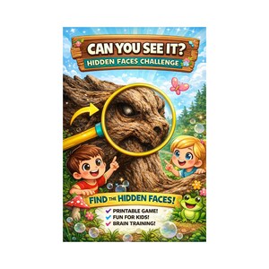 May include: A colorful illustration for a children's game titled "Can You See It? Hidden Faces Challenge." The image features a magnifying glass over a tree trunk with a face, two children, a frog, and the text "Find the Hidden Faces!"