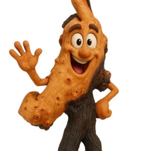Puede incluir: Una figura de madera caprichosa con una cara sonriente, ojos grandes y una mano que saluda. La figura es una combinaci&oacute;n de madera marr&oacute;n clara y oscura, con una superficie texturizada. El personaje parece una criatura parecida a un &aacute;rbol.