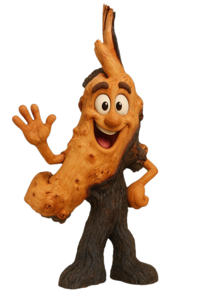 Puede incluir: Una figura de madera caprichosa con una cara sonriente, ojos grandes y una mano que saluda. La figura es una combinaci&oacute;n de madera marr&oacute;n clara y oscura, con una superficie texturizada. El personaje parece una criatura parecida a un &aacute;rbol.