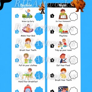 Puede incluir: Una tabla de rutina diaria azul con ilustraciones de actividades diurnas y nocturnas. La tabla incluye tareas como despertarse, hacer la cama, cepillarse los dientes y desayunar. El texto dice: "Completa las tareas que necesitas hacer durante el d&iacute;a."