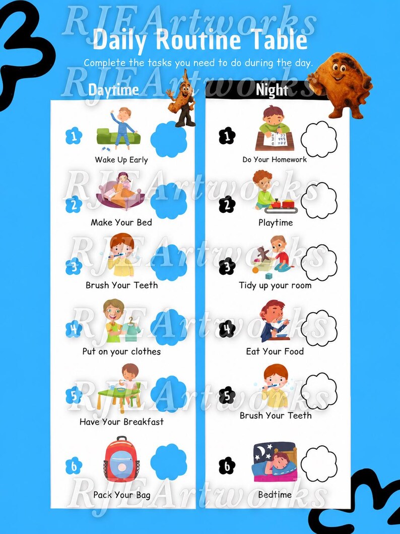 Puede incluir: Una tabla de rutina diaria azul con ilustraciones de actividades diurnas y nocturnas. La tabla incluye tareas como despertarse, hacer la cama, cepillarse los dientes y desayunar. El texto dice: "Completa las tareas que necesitas hacer durante el d&iacute;a."