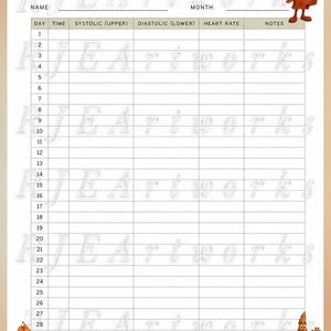 May include: A printable blood pressure log with the text "RJEArtworks Pareidolia Art BLOOD PRESSURE LOG". The log includes sections for name, month, day, time, systolic, diastolic, heart rate, and notes. Cartoon figures are in the corners.