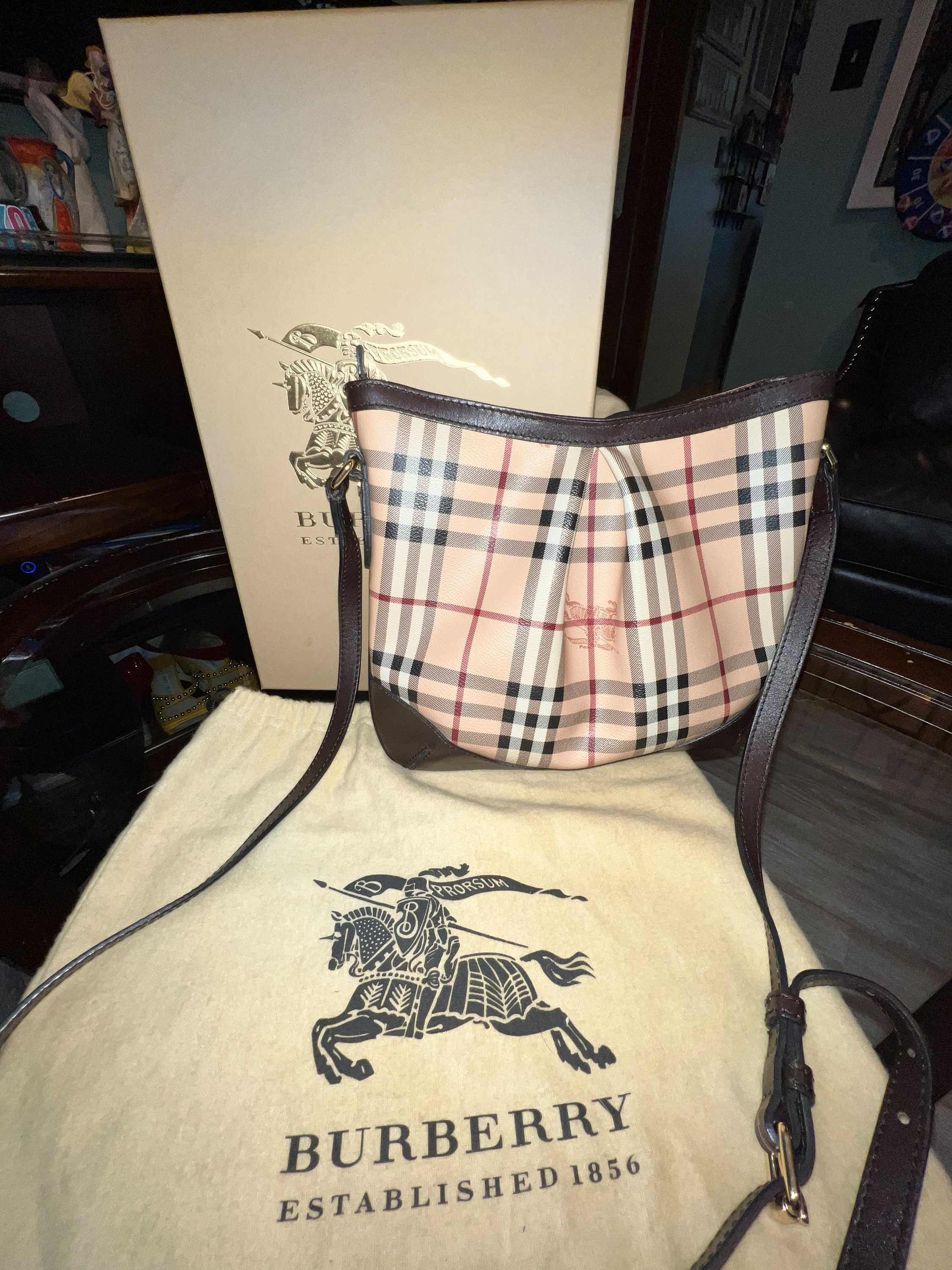 BURBERRY Haymarket Check and Alligator Leather Bridle Bag