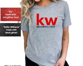 May include: Athletic heather gray t-shirt with the red letters "kw" and the words "KELLERWILLIAMS" printed below. The shirt also features text that says "kw" made with red glitter vinyl and "Keller Williams" made with black glitter.