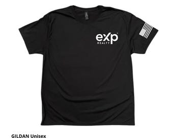 Exp Realty w/U.S. Flag Unisex Performance T-Shirt: Gildan Polyester Jersey Shirt, Vinyl Logo.