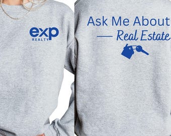 EXP Interrogez-moi sur l'immobilier : sweat-shirt ras du cou unisexe Gildan, vêtements marketing pour agents immobiliers, vinyle.