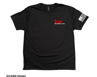 Kw Keller Williams w/U.S. Flag Unisex Performance T-Shirt: Gildan Polyester Jersey Shirt, Vinyl.
