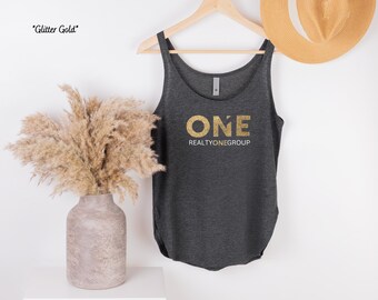 Realty ONE Group Tank Top: Women's Realtor Gold Glitter Vinyl Design.
