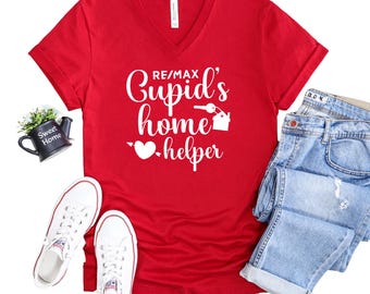 Aide à domicile RE/MAX Cupid's V-Neck : haut unisexe en toile Bella, vêtements pour agent immobilier de la Saint-Valentin.